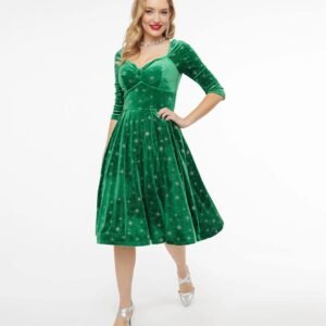 Unique Vintage 1950s Green & Silver Snowflake Velvet Lamar Swing Dress