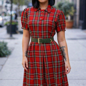 Women's Vintage Red Plaid Belted Midi Dress